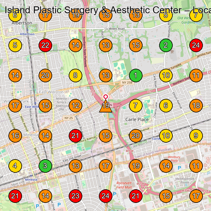 Island Plastic Surgery & Aesthetic Center Plastic Surgery Clinic GeoGrid ranking map for Mineola NY